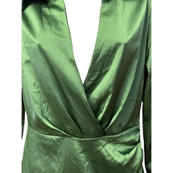 Cider Satin Faux Wrap Mini Dress Short Size‎ S Green L/S V-Neck Ruched Party NWT - Picture 15 of 16